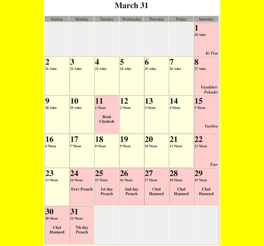 Calendar for Mar 31 AD from www.hebrewcalendar.net