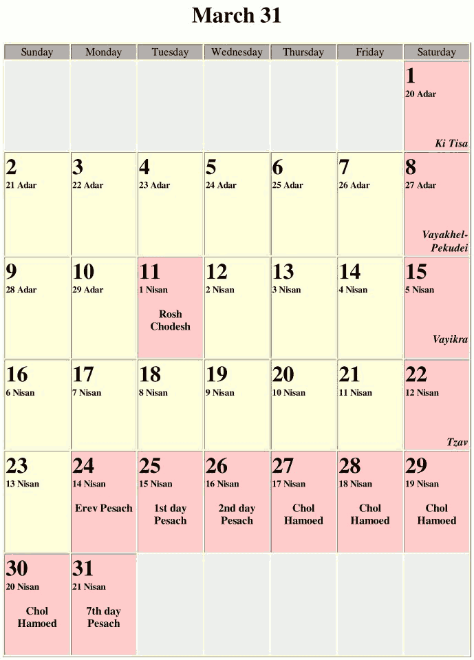 Calendar for Mar 31 AD from www.hebrewcalendar.net